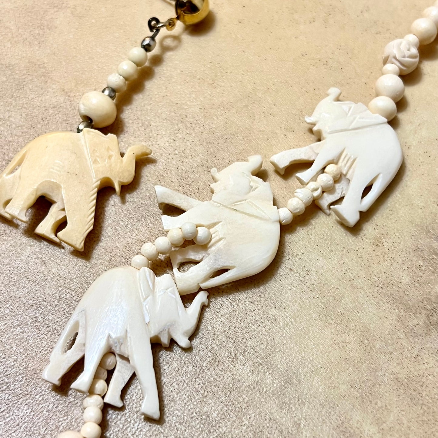 Vintage Bovine Bone Elephant Carved Necklace & Earrings Set