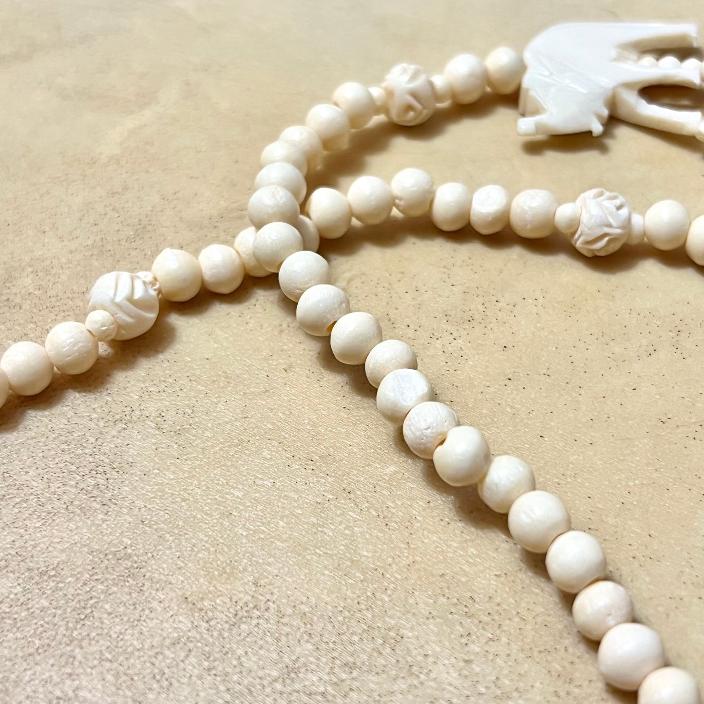 Vintage Bovine Bone Elephant Carved Necklace & Earrings Set