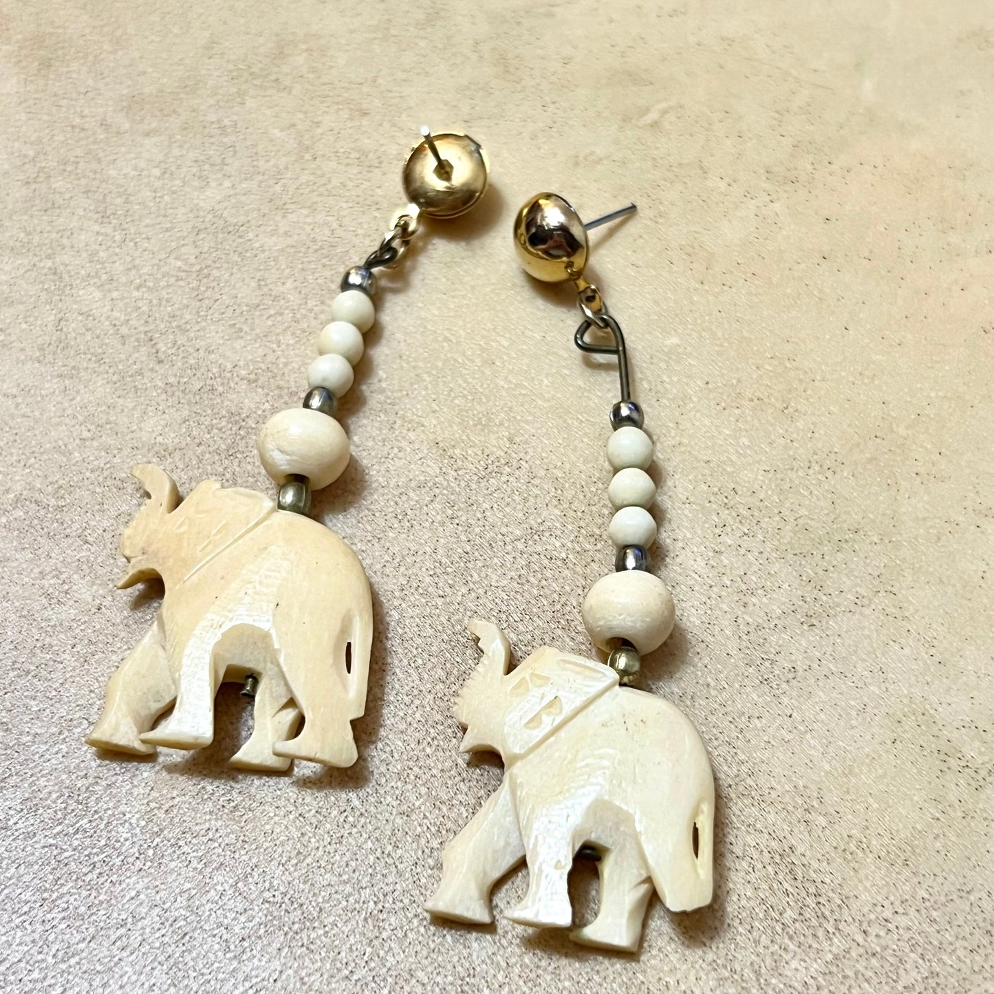 Vintage Bovine Bone Elephant Carved Necklace & Earrings Set