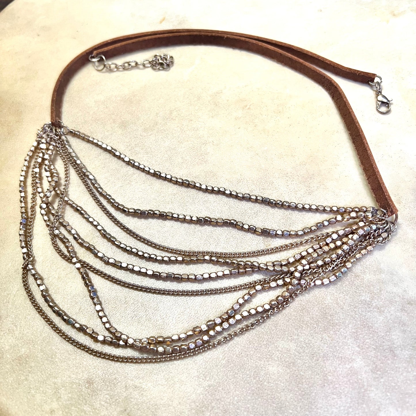 Vintage Leather & Gold Tone Beaded Multi Strand Necklace