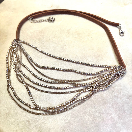 Vintage Leather & Gold Tone Beaded Multi Strand Necklace