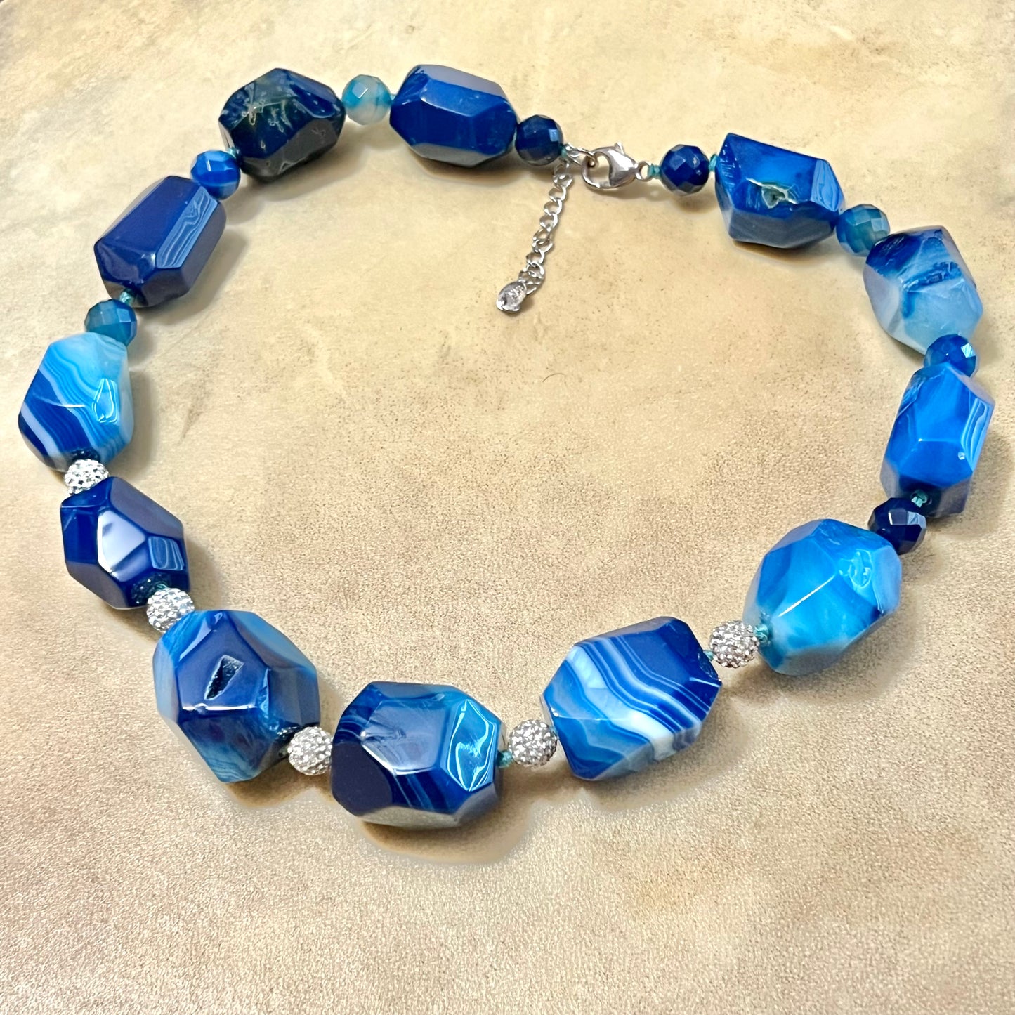 Chunky Blue Agate Vintage Beaded Sterling Silver Necklace
