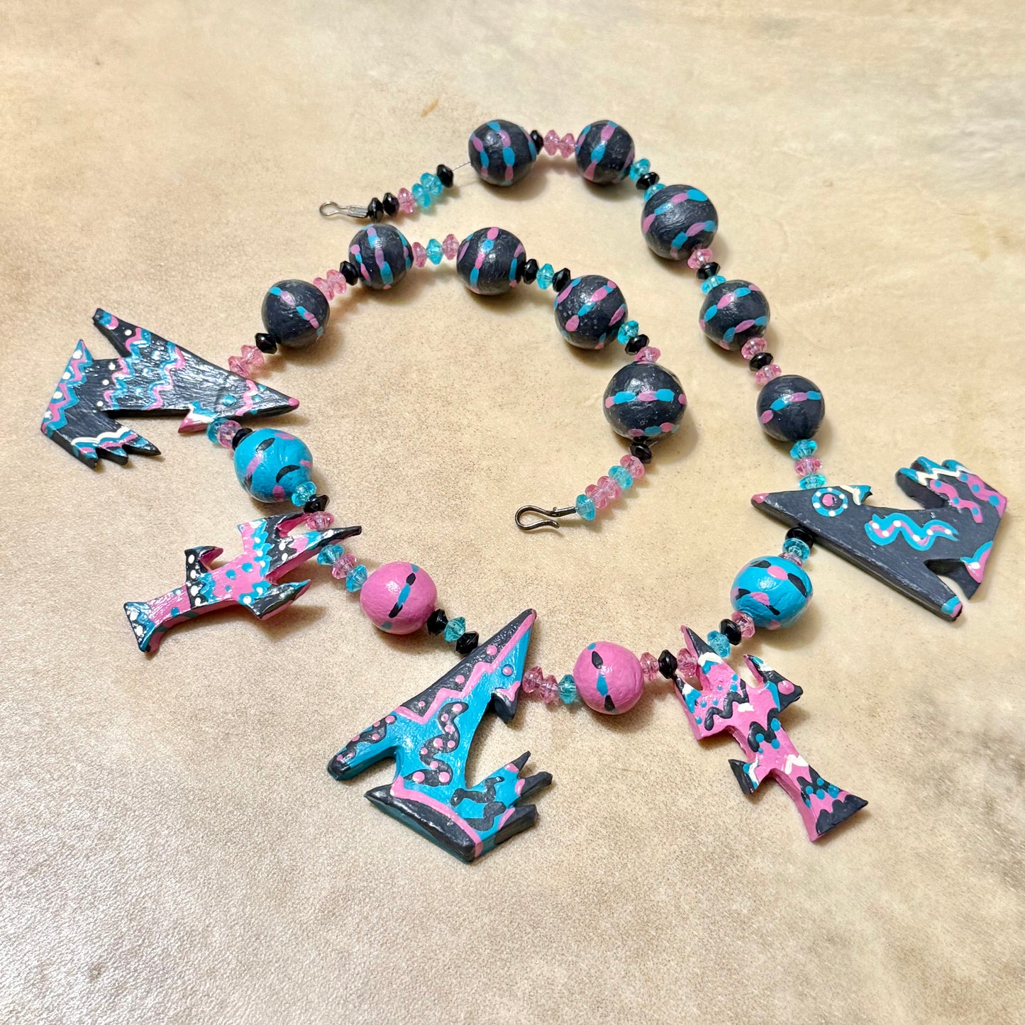 Hand Painted Coyote & Cactus Vintage Clay Southwestern Necklace