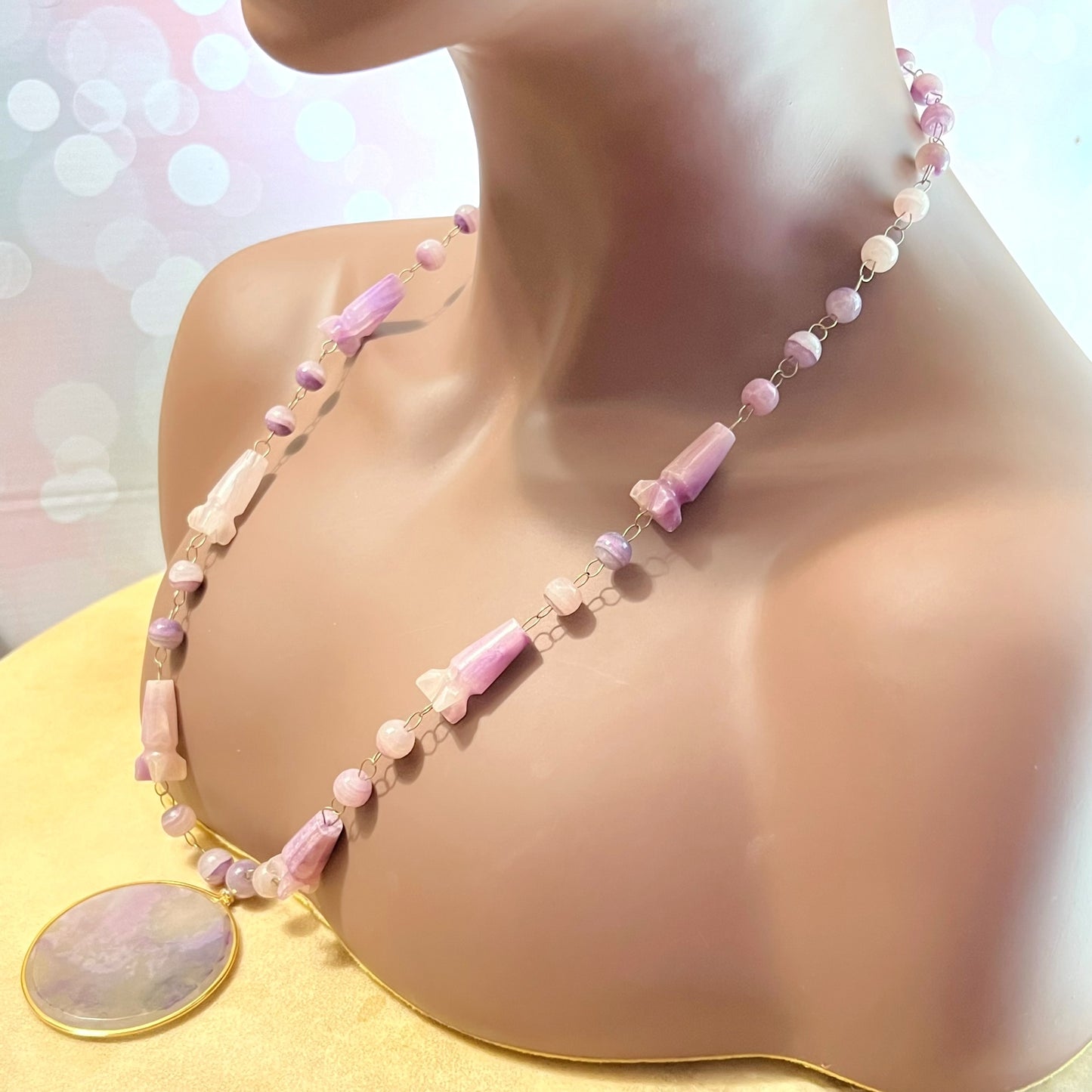 Purple Calcite Onyx Vintage Necklace with Aztec Carvings