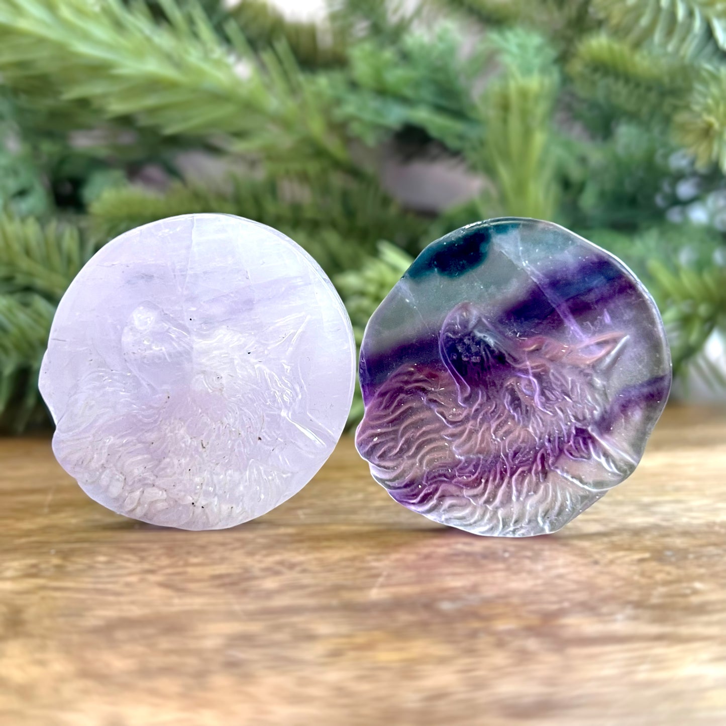Purple Fluorite Wolf & Full Moon Carved Crystal Cabochon