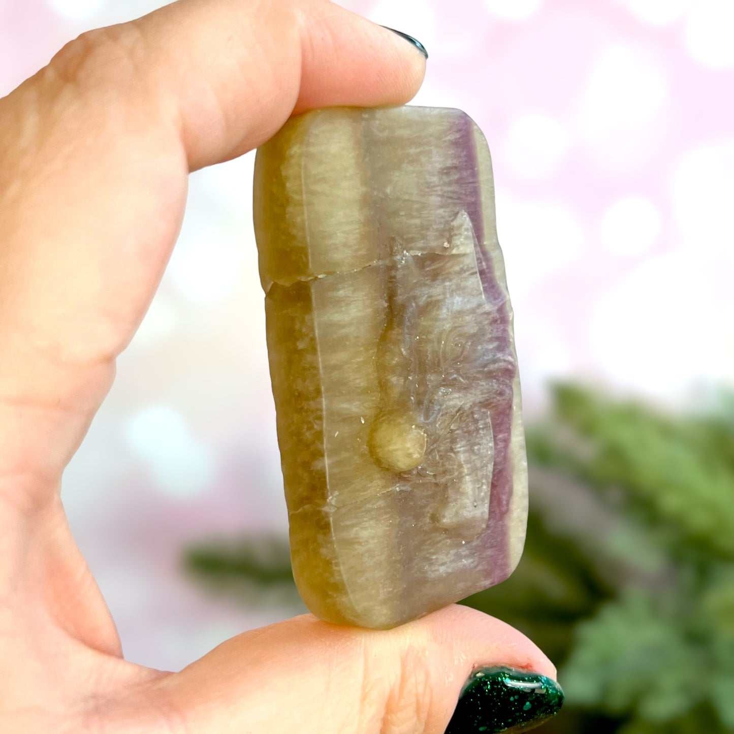 Yellow Fluorite Wolf Rectangle Carved Crystal Cabocho