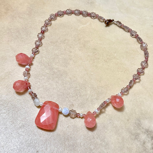 Cherry Quartz and Moonstone Flower Beaded Vintage Necklace
