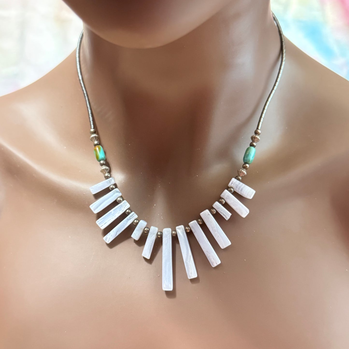 Hematite & Blue Lace Agate Graduated Fan Beaded Necklace - Vintage
