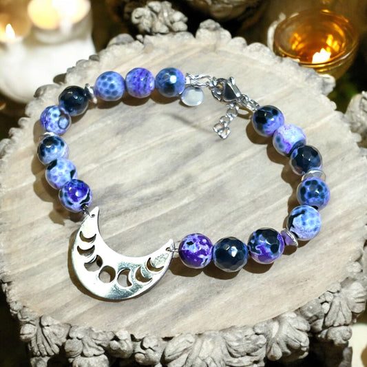 Witchy Crescent Moon Phase Black & Purple Agate Silver Tone Handmade Bracelet