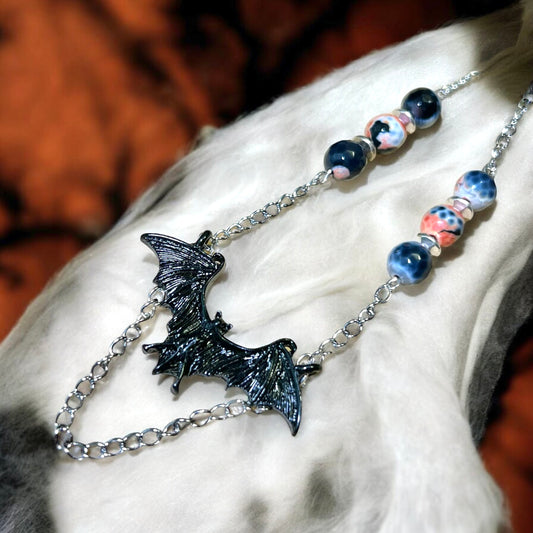 Gothic Bat Black & Orange Agate Silver Tone Handmade Necklace