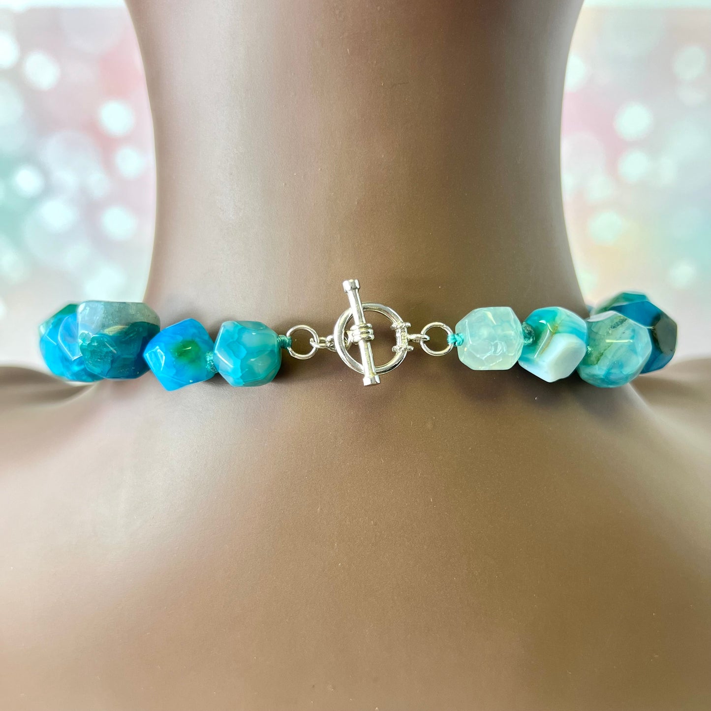 Blue Dyed Agate Beaded Necklace, Hand Knotted with Sterling Silver Clasp by Lucoral