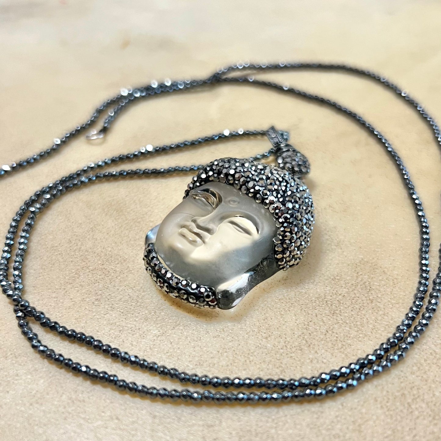 Clear Buddha Head Pave Pendant on Beaded Cord with Sterling Silver Clasp