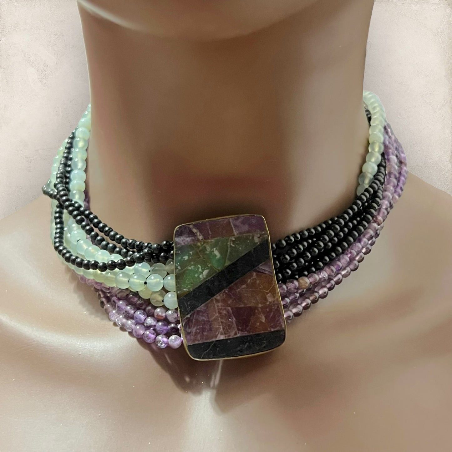 Vintage Karen Sebiri Choker Necklace - Amethyst, Fluorite, Obsidian