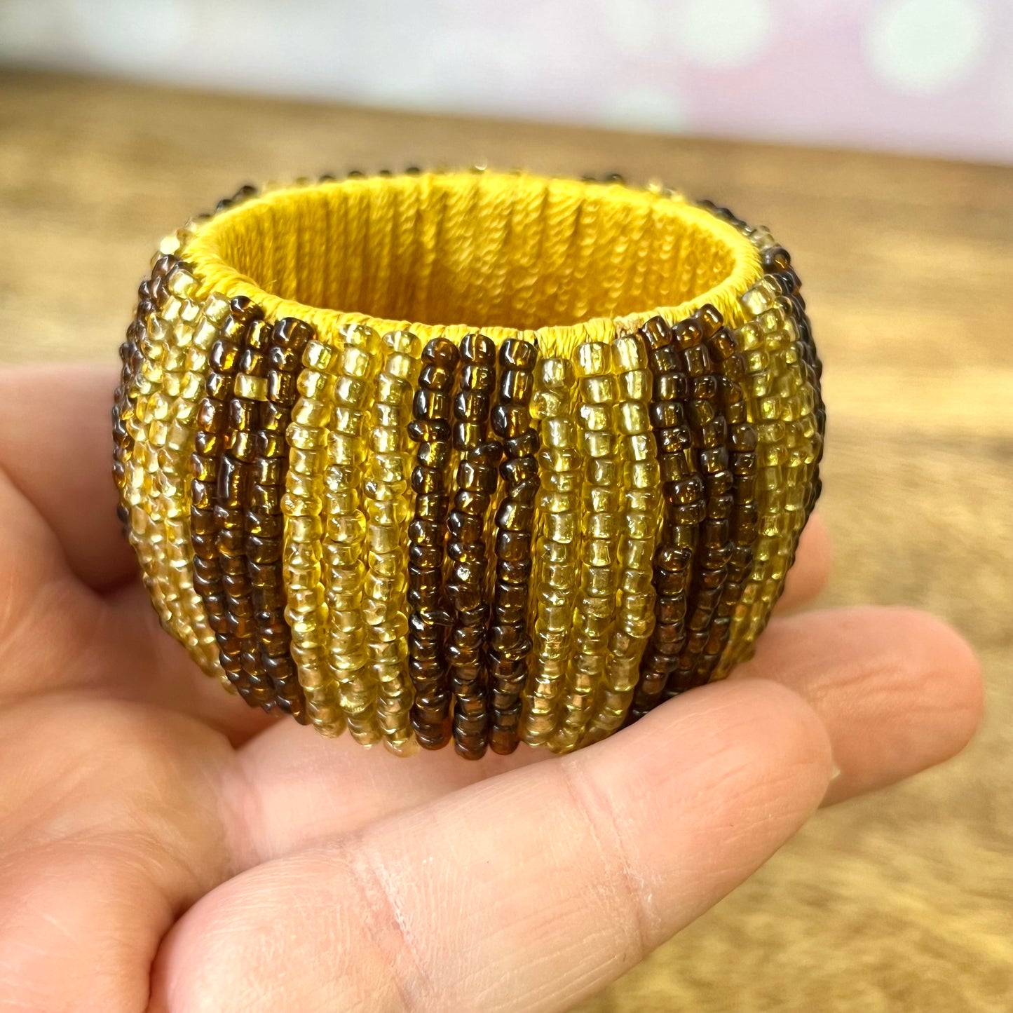 Gold and Brown Seed Beaded Crystal Sphere Holder
