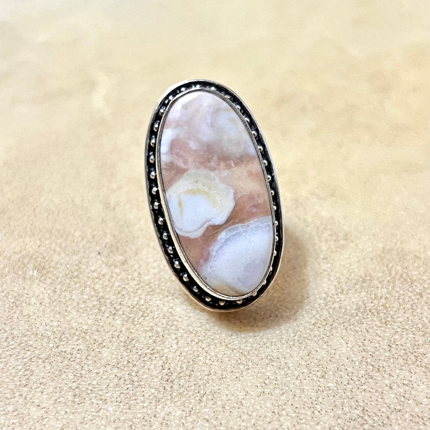 Flower Agate Oval Statement Ring Size 6.5