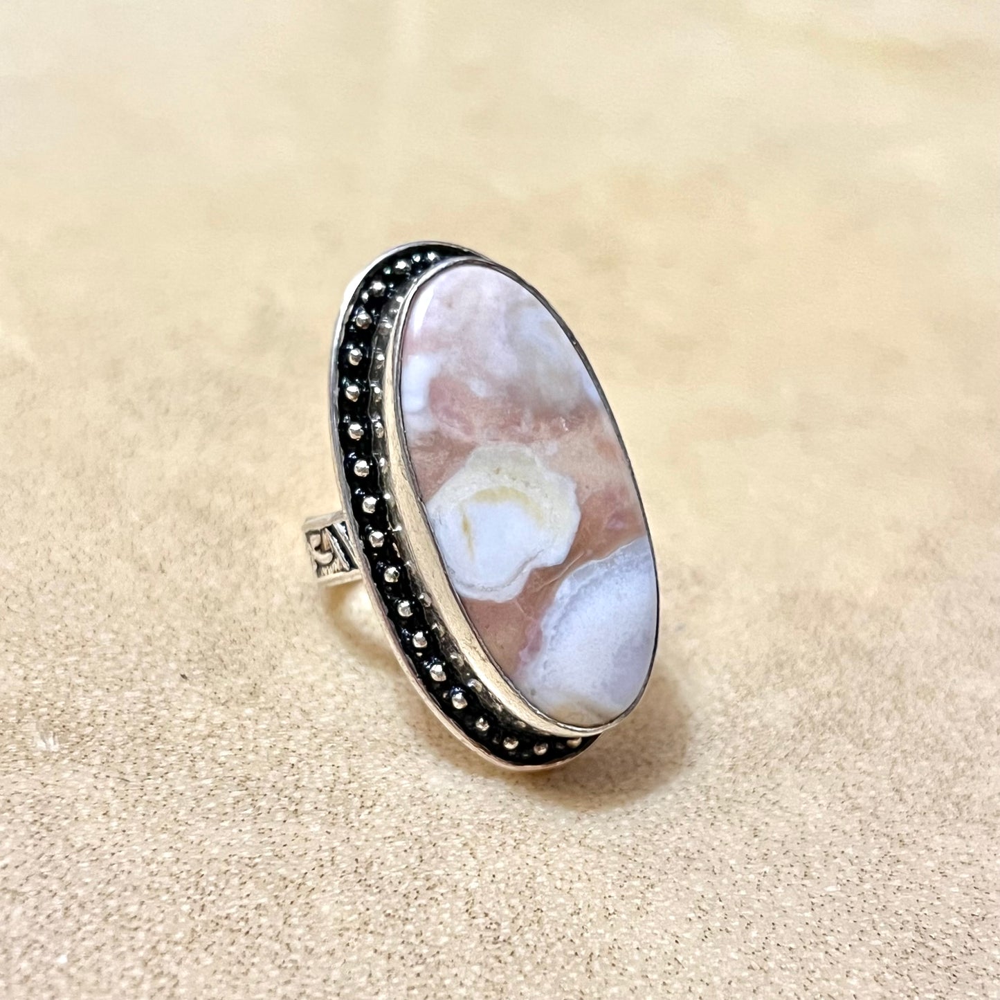 Flower Agate Oval Statement Ring Size 6.5