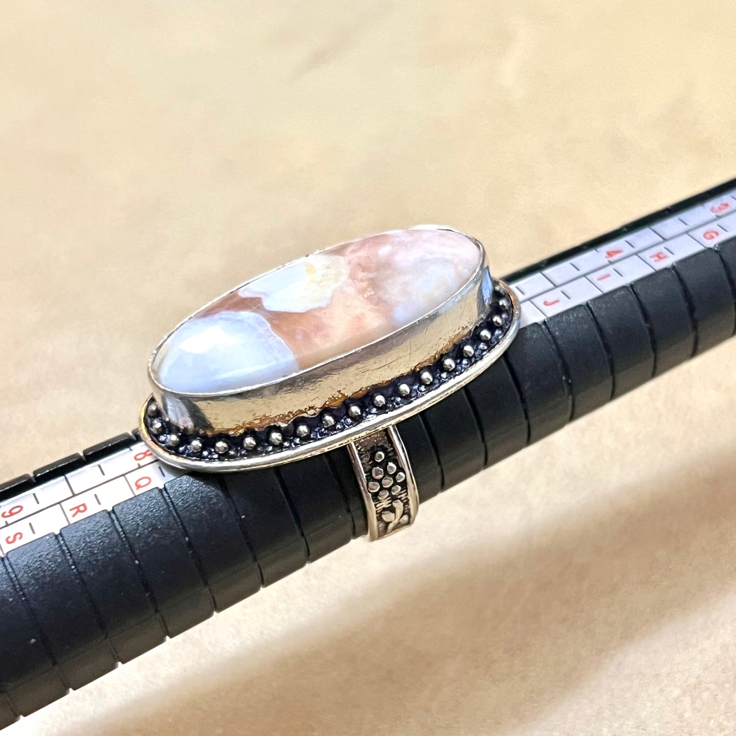 Flower Agate Oval Statement Ring Size 6.5