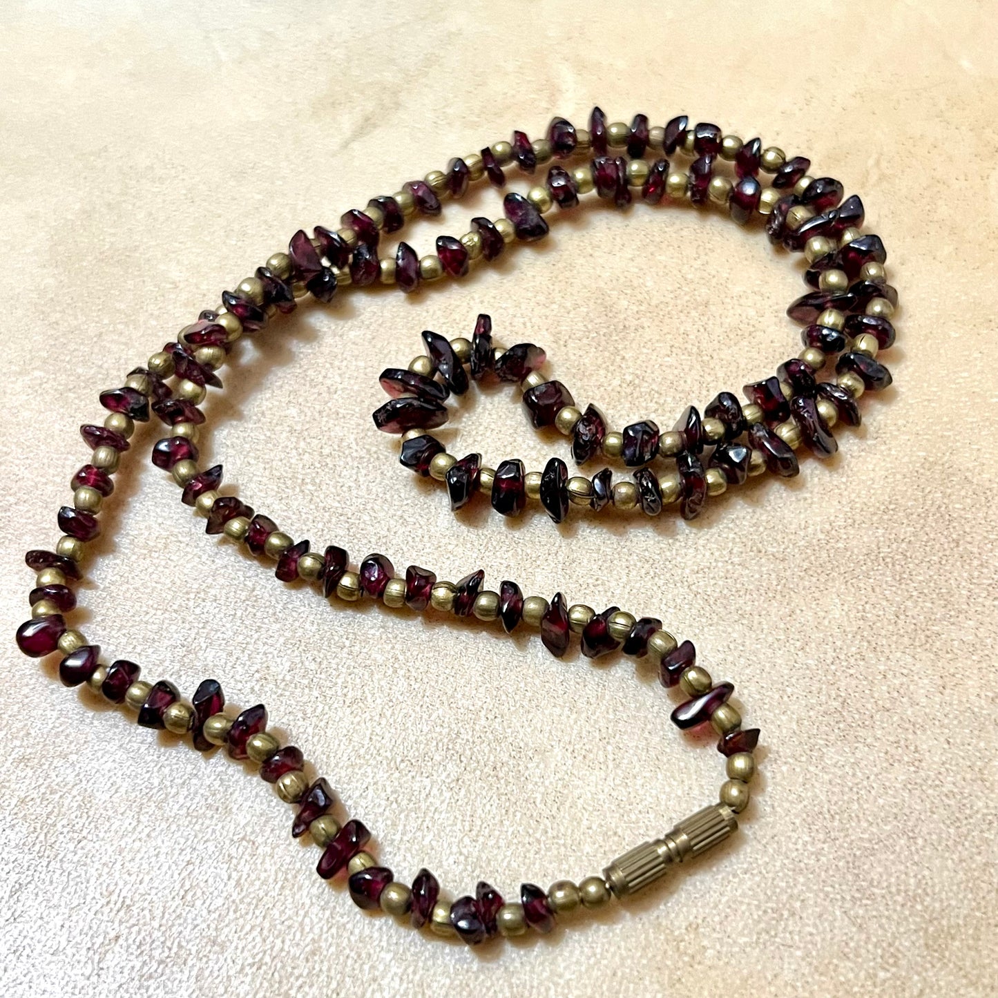 Vintage Garnet Chip Bead & Brass Necklace