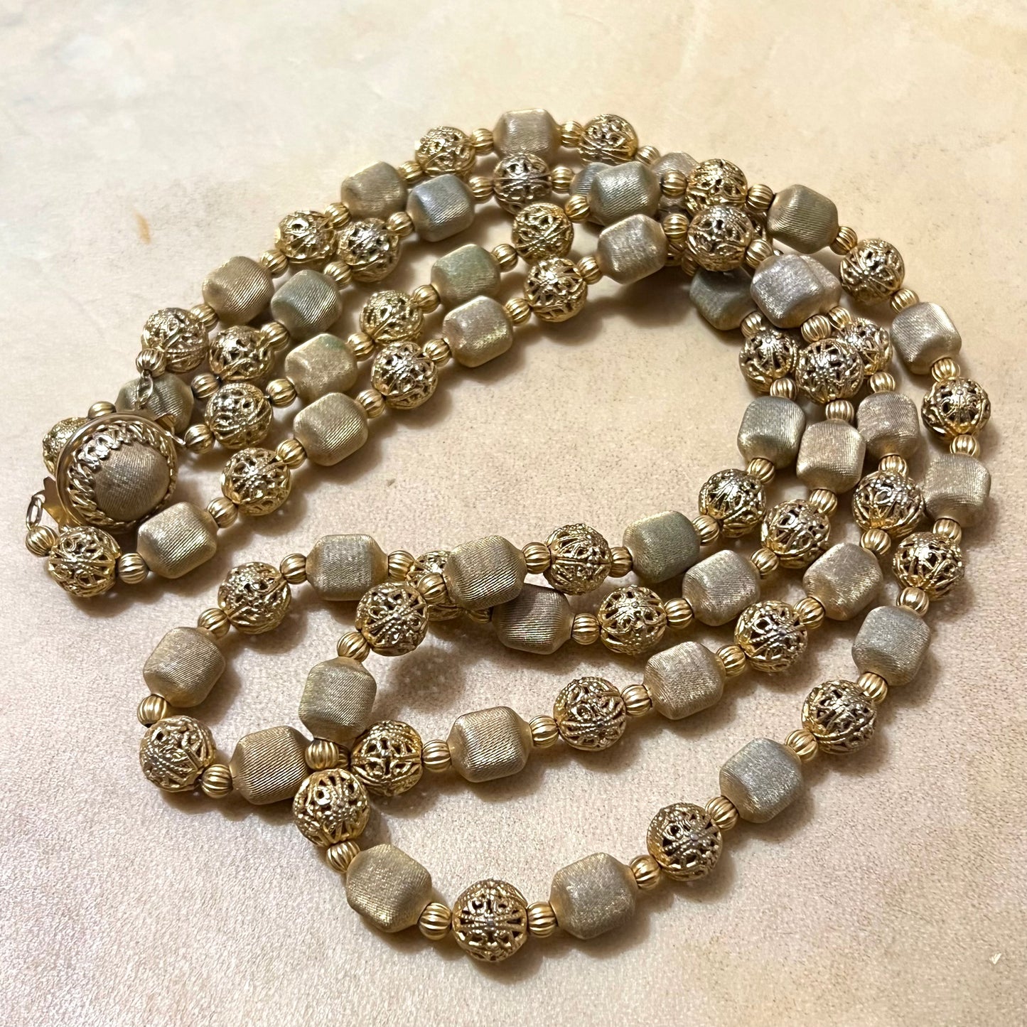 Gold Tone Mesh Woven Filigree Beaded Necklace - Vintage