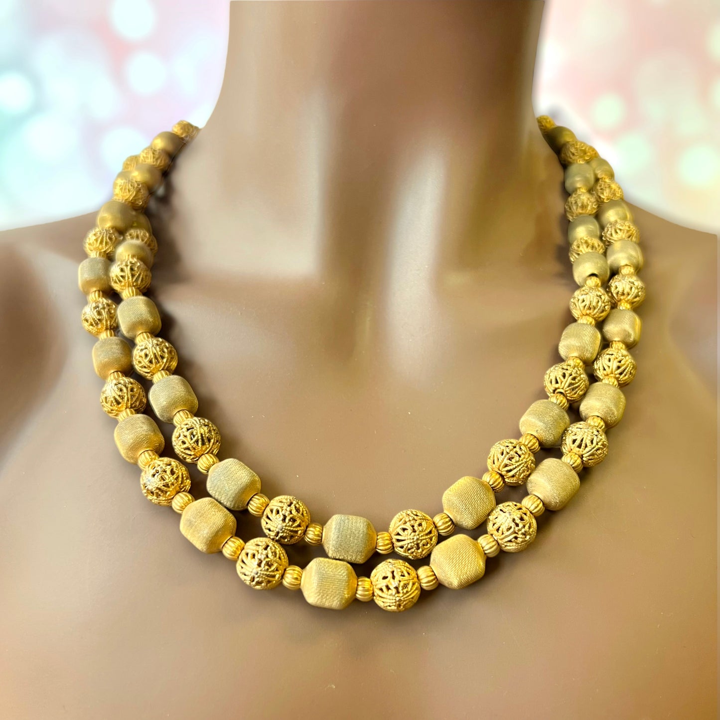 Gold Tone Mesh Woven Filigree Beaded Necklace - Vintage