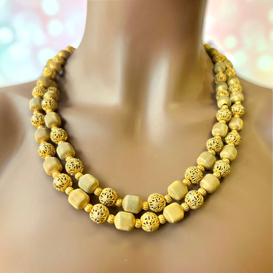 Gold Tone Mesh Woven Filigree Beaded Necklace - Vintage