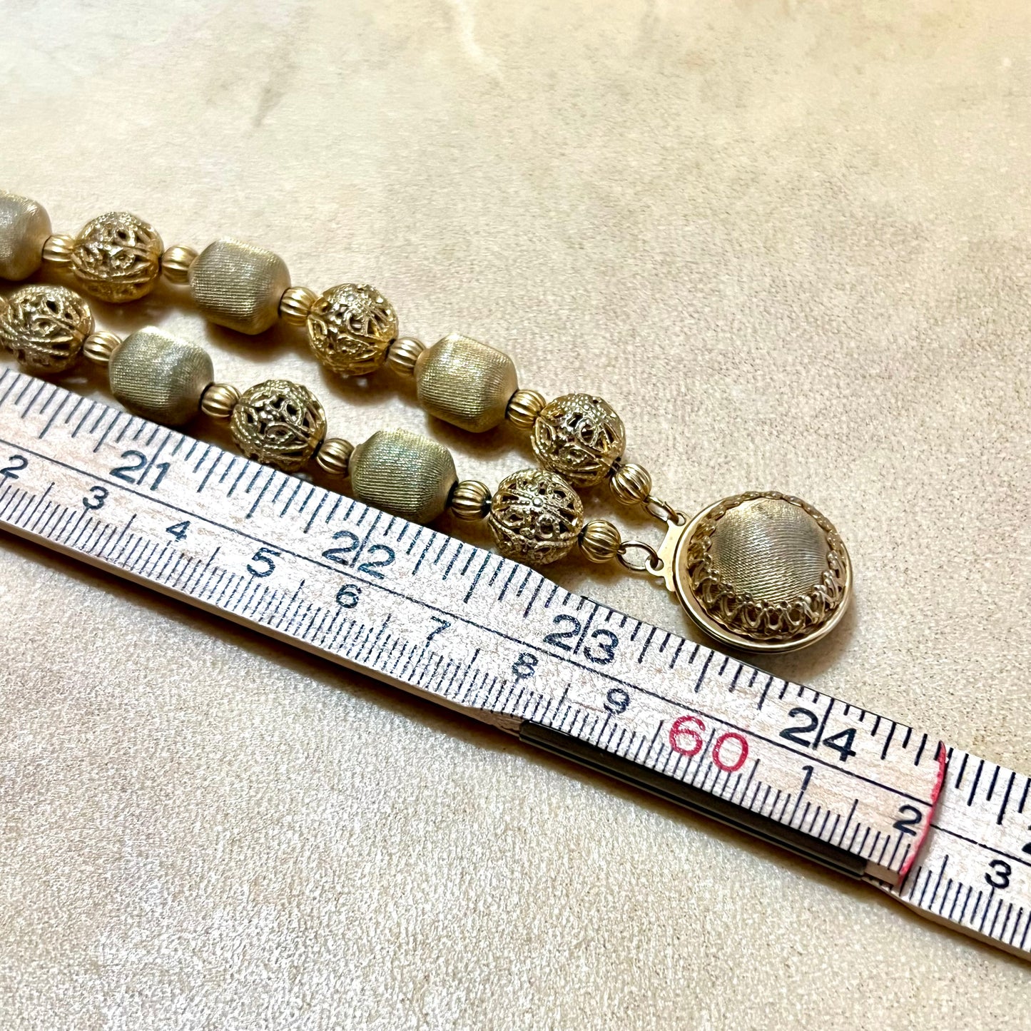 Gold Tone Mesh Woven Filigree Beaded Necklace - Vintage