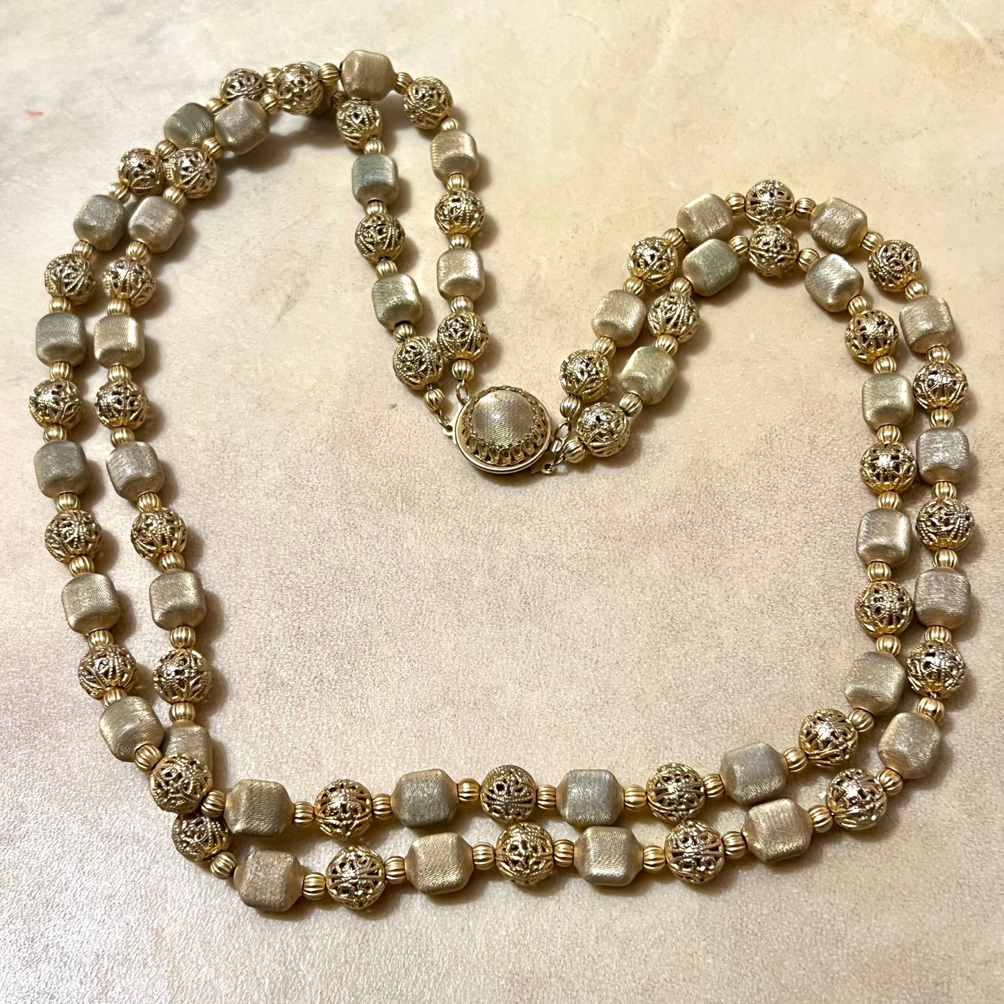 Gold Tone Mesh Woven Filigree Beaded Necklace - Vintage