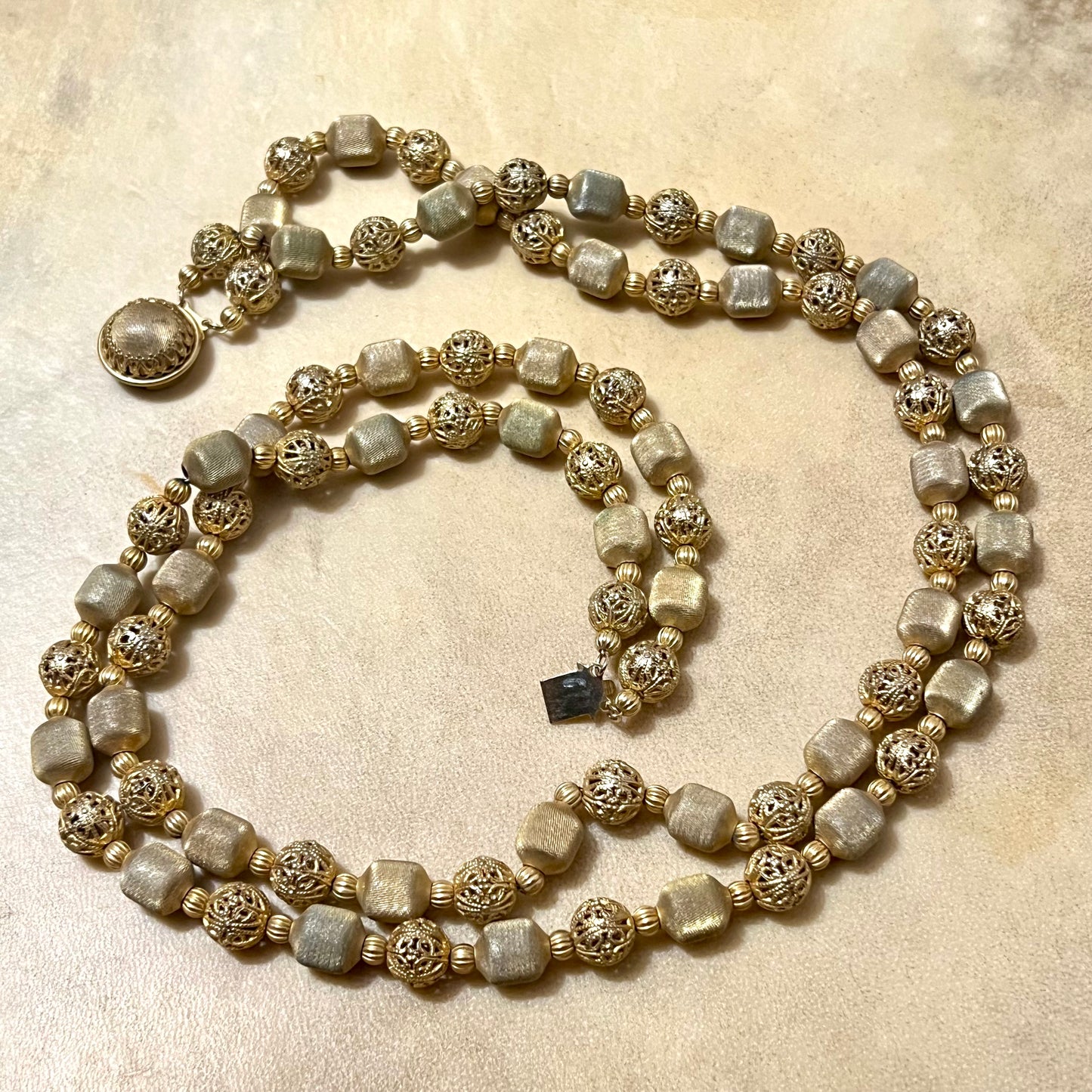 Gold Tone Mesh Woven Filigree Beaded Necklace - Vintage