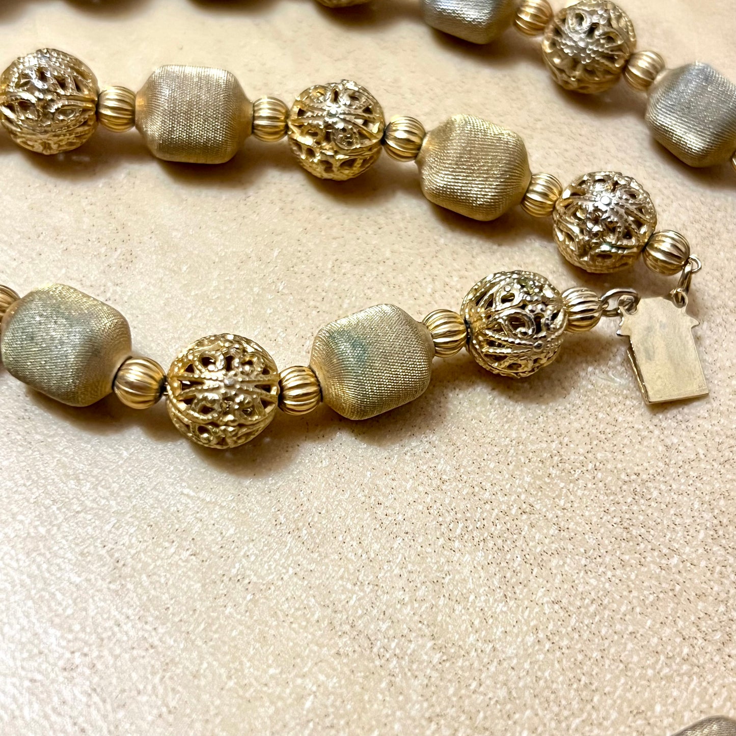 Gold Tone Mesh Woven Filigree Beaded Necklace - Vintage