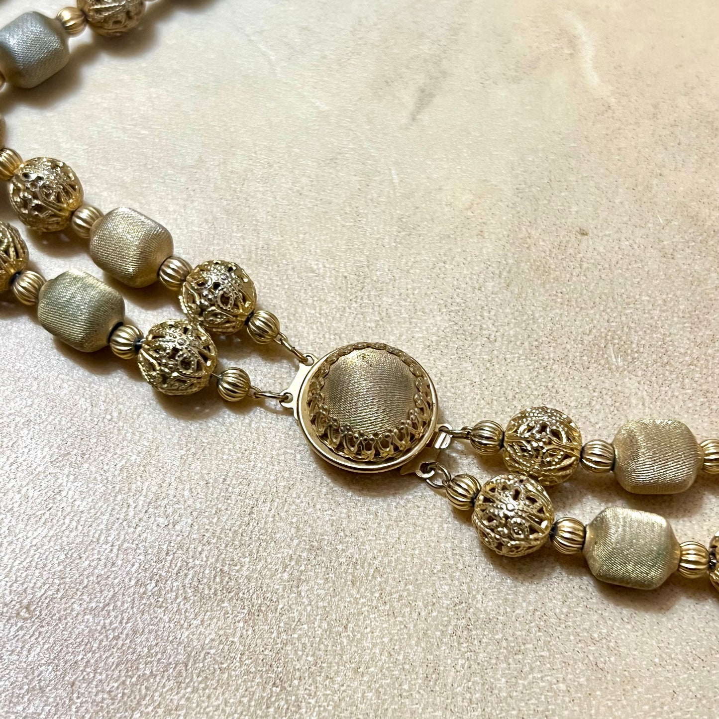 Gold Tone Mesh Woven Filigree Beaded Necklace - Vintage