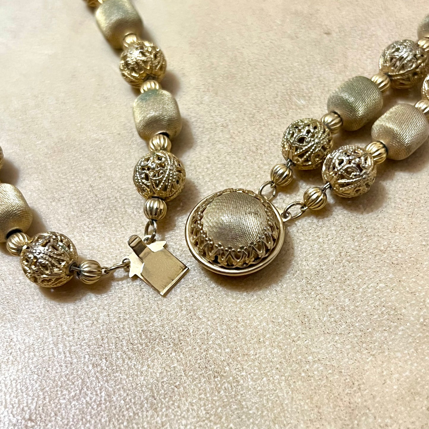 Gold Tone Mesh Woven Filigree Beaded Necklace - Vintage