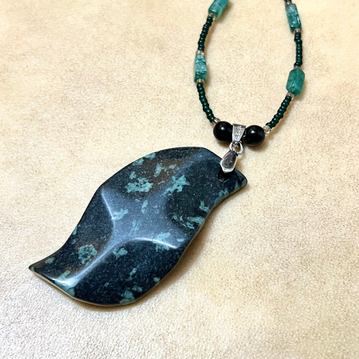 Green Aventurine Carved Leaf Vintage Crystal Necklace