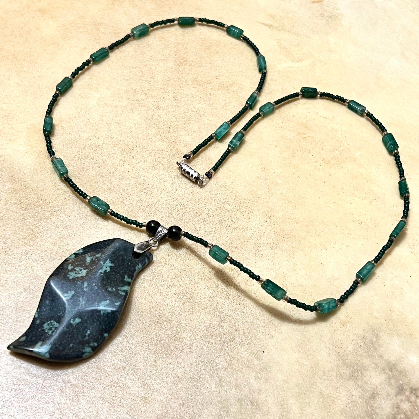 Green Aventurine Carved Leaf Vintage Crystal Necklace
