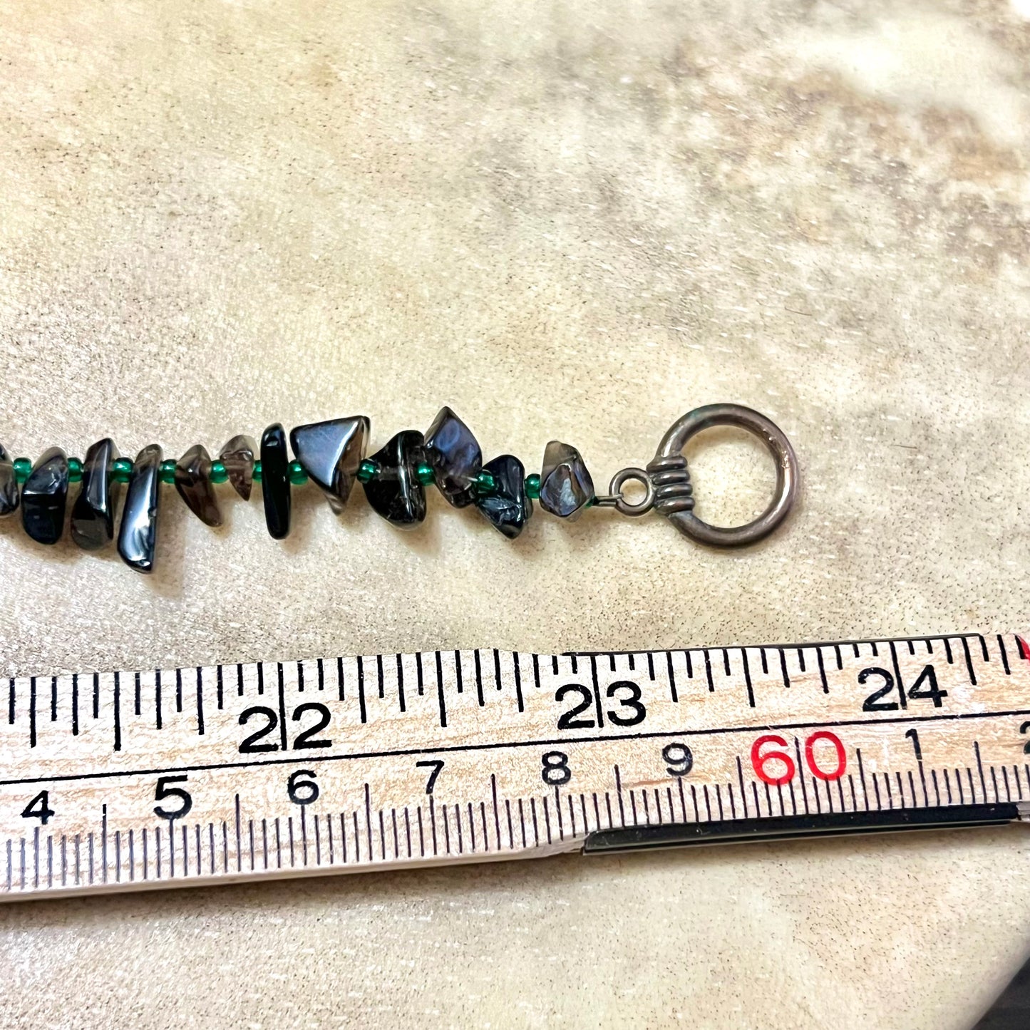 Smoky Quartz Chip Bead Necklace with Vintage Green Stone Pendant
