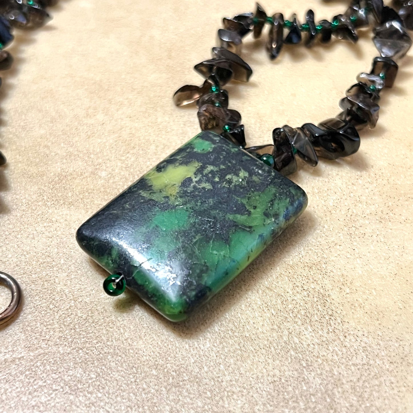 Smoky Quartz Chip Bead Necklace with Vintage Green Stone Pendant