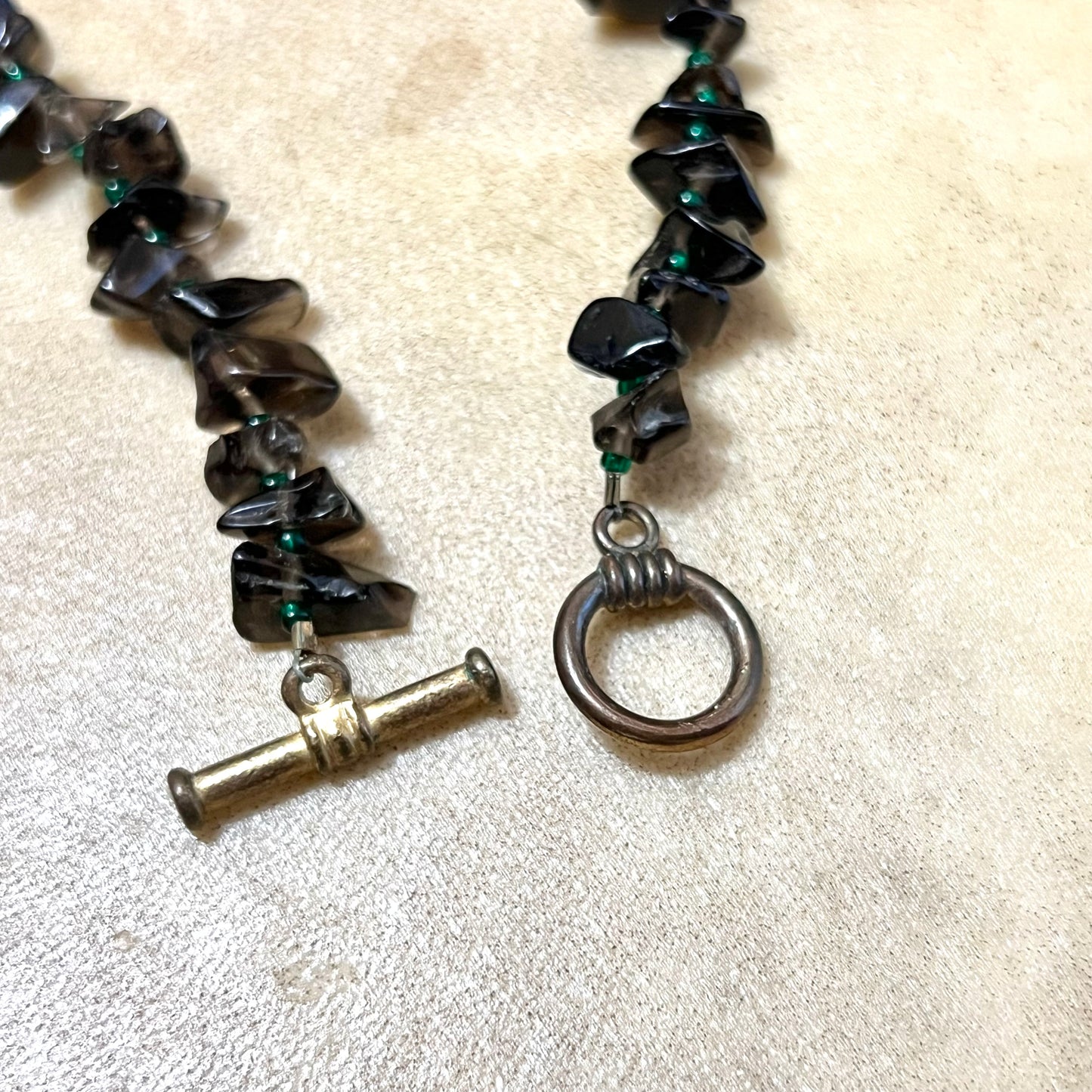 Smoky Quartz Chip Bead Necklace with Vintage Green Stone Pendant
