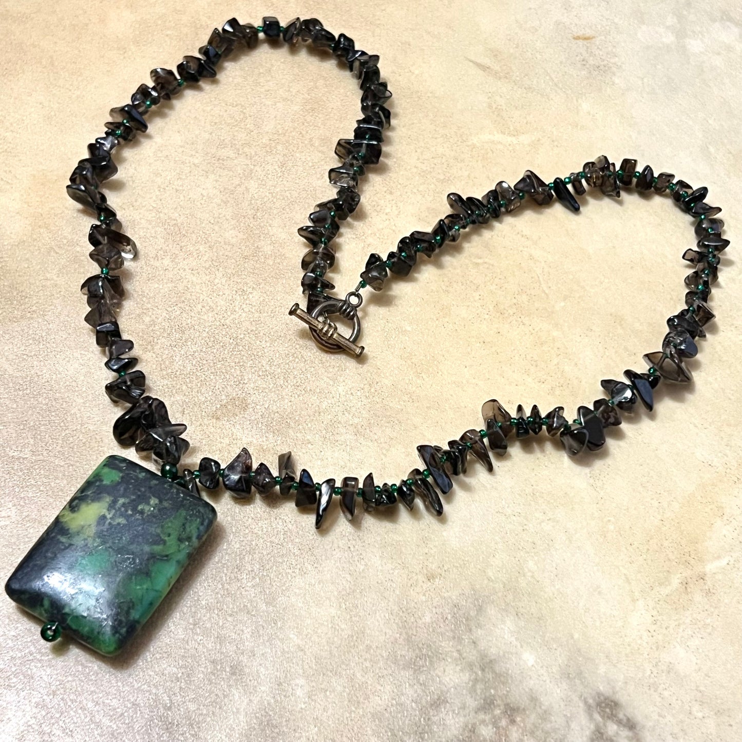 Smoky Quartz Chip Bead Necklace with Vintage Green Stone Pendant