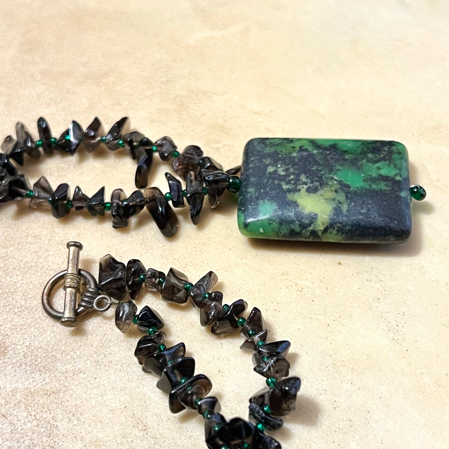 Smoky Quartz Chip Bead Necklace with Vintage Green Stone Pendant