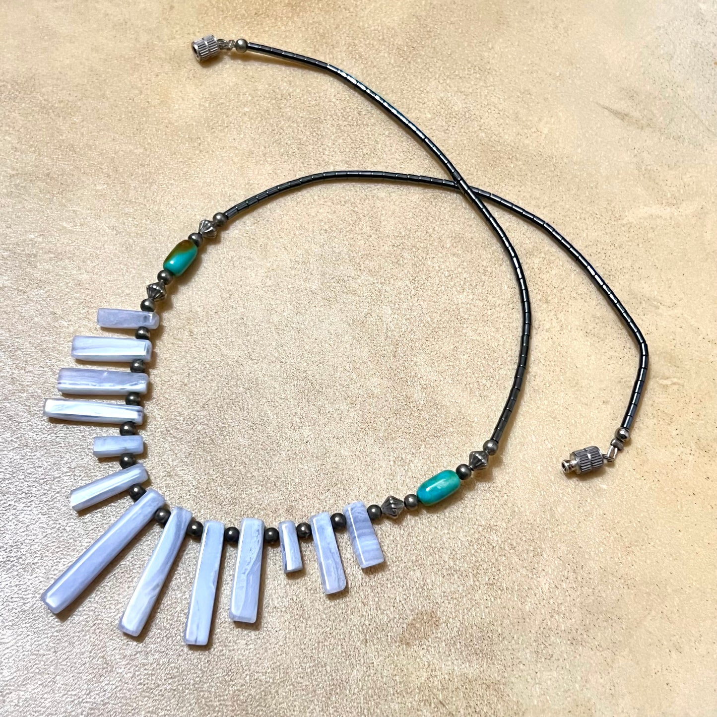 Hematite & Blue Lace Agate Graduated Fan Beaded Necklace - Vintage