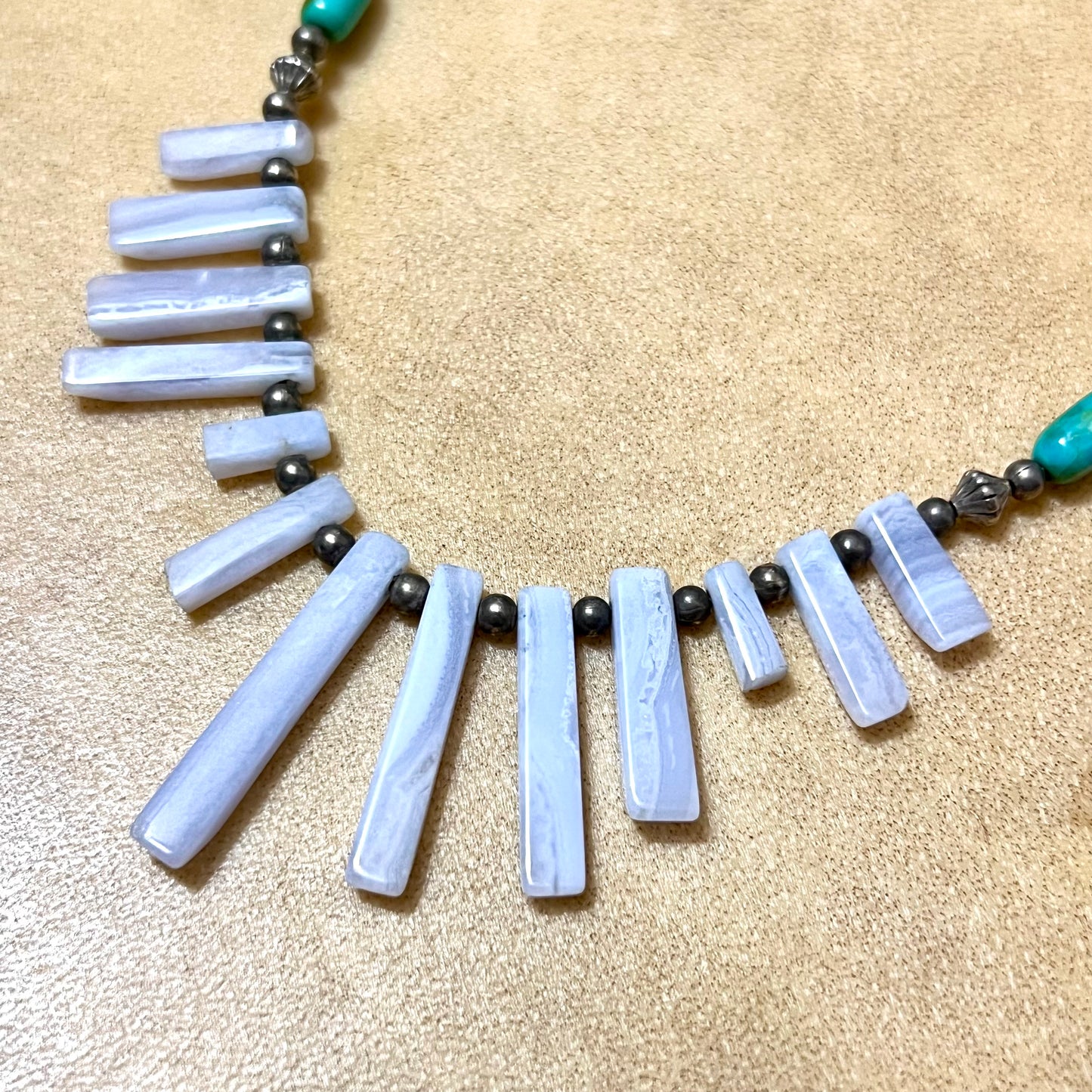 Hematite & Blue Lace Agate Graduated Fan Beaded Necklace - Vintage