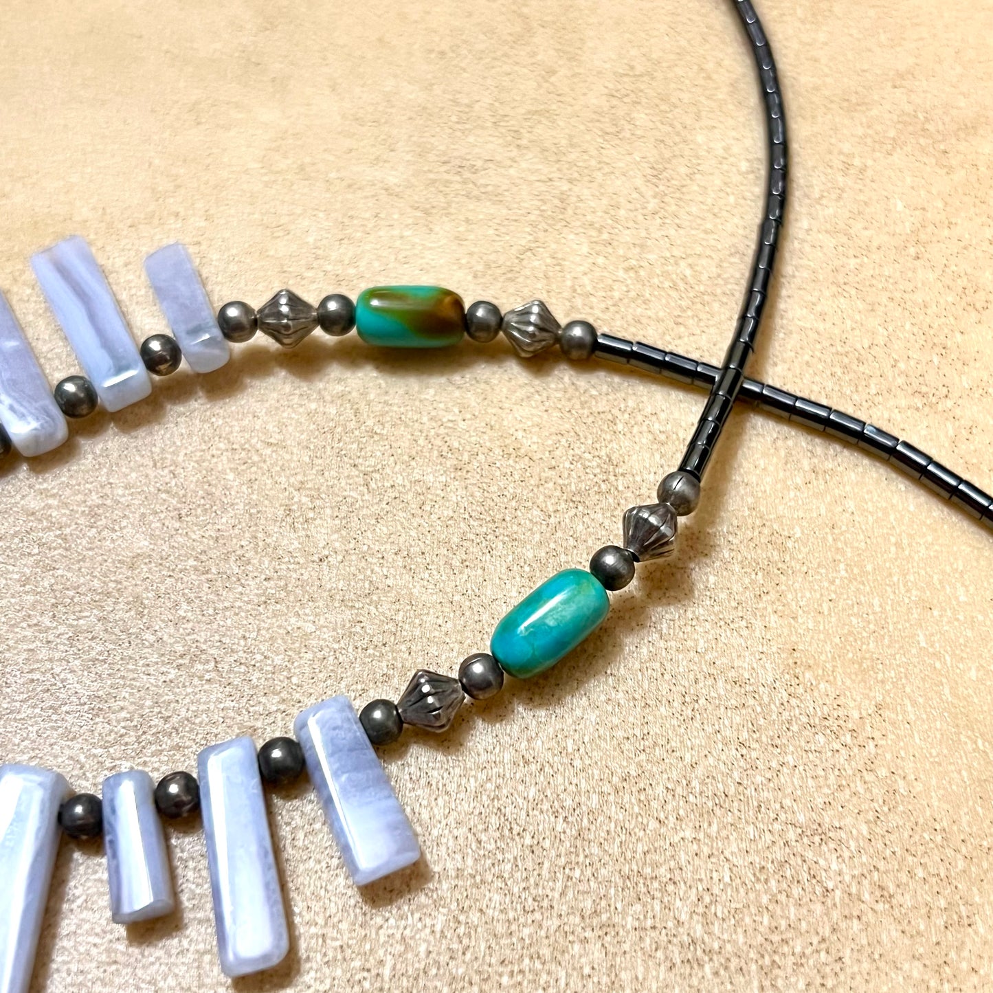 Hematite & Blue Lace Agate Graduated Fan Beaded Necklace - Vintage