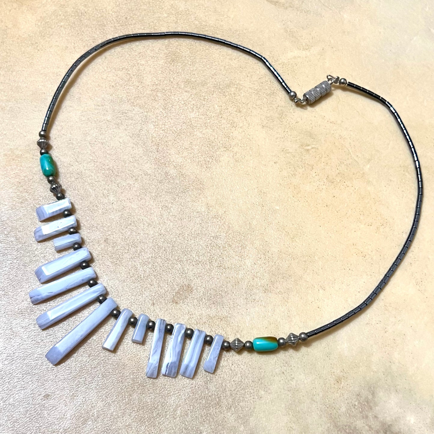 Hematite & Blue Lace Agate Graduated Fan Beaded Necklace - Vintage