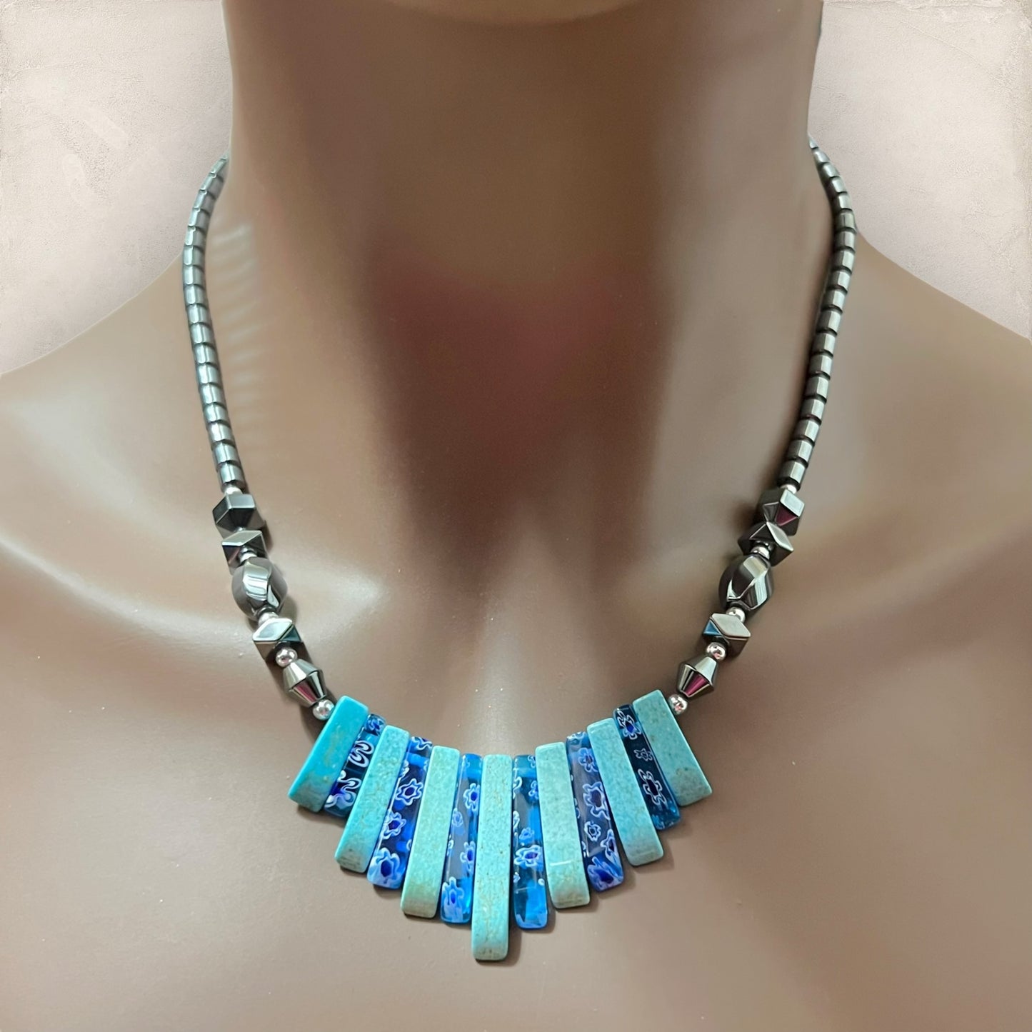 Hematite & Faux Turquoise Fan Beaded Necklace