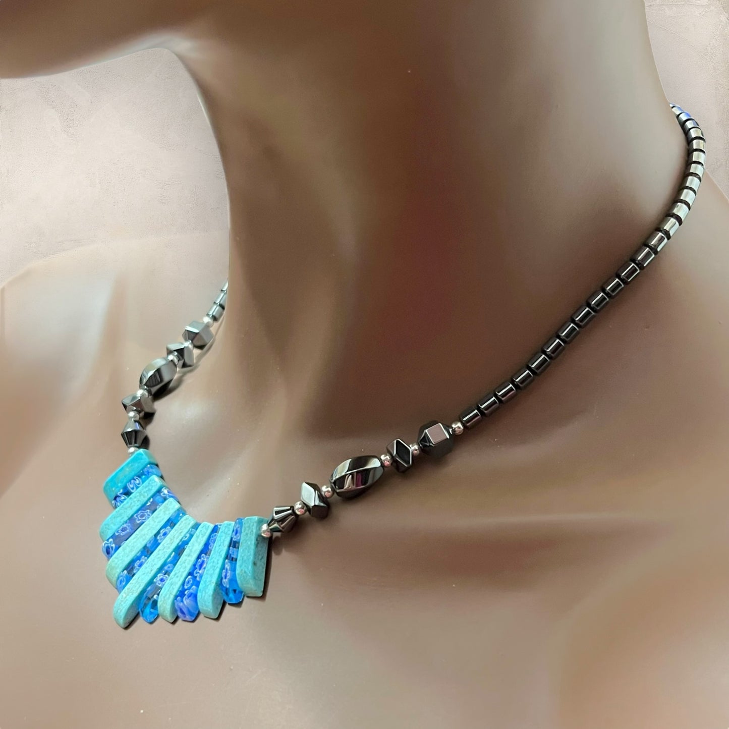 Hematite & Faux Turquoise Fan Beaded Necklace