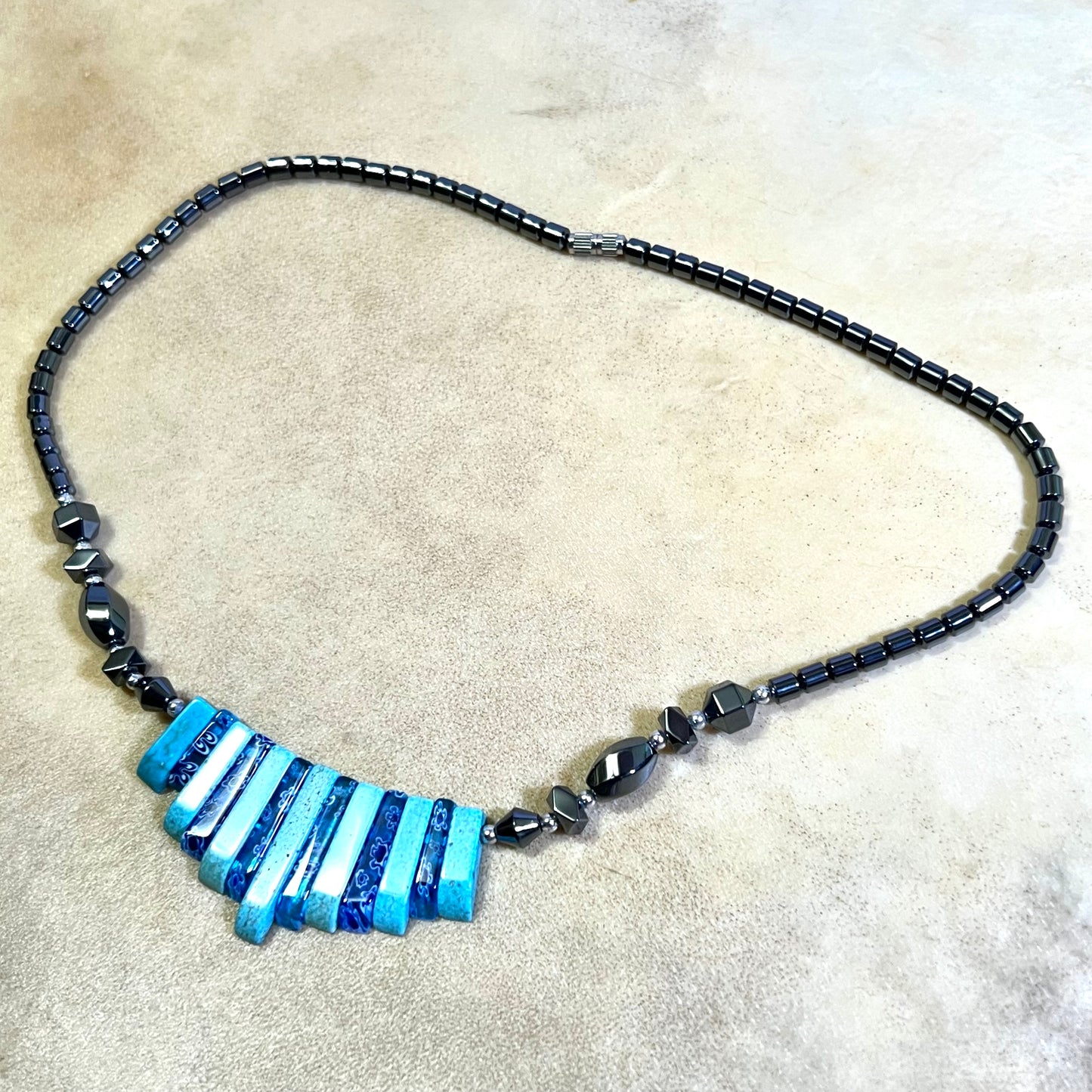 Hematite & Faux Turquoise Fan Beaded Necklace