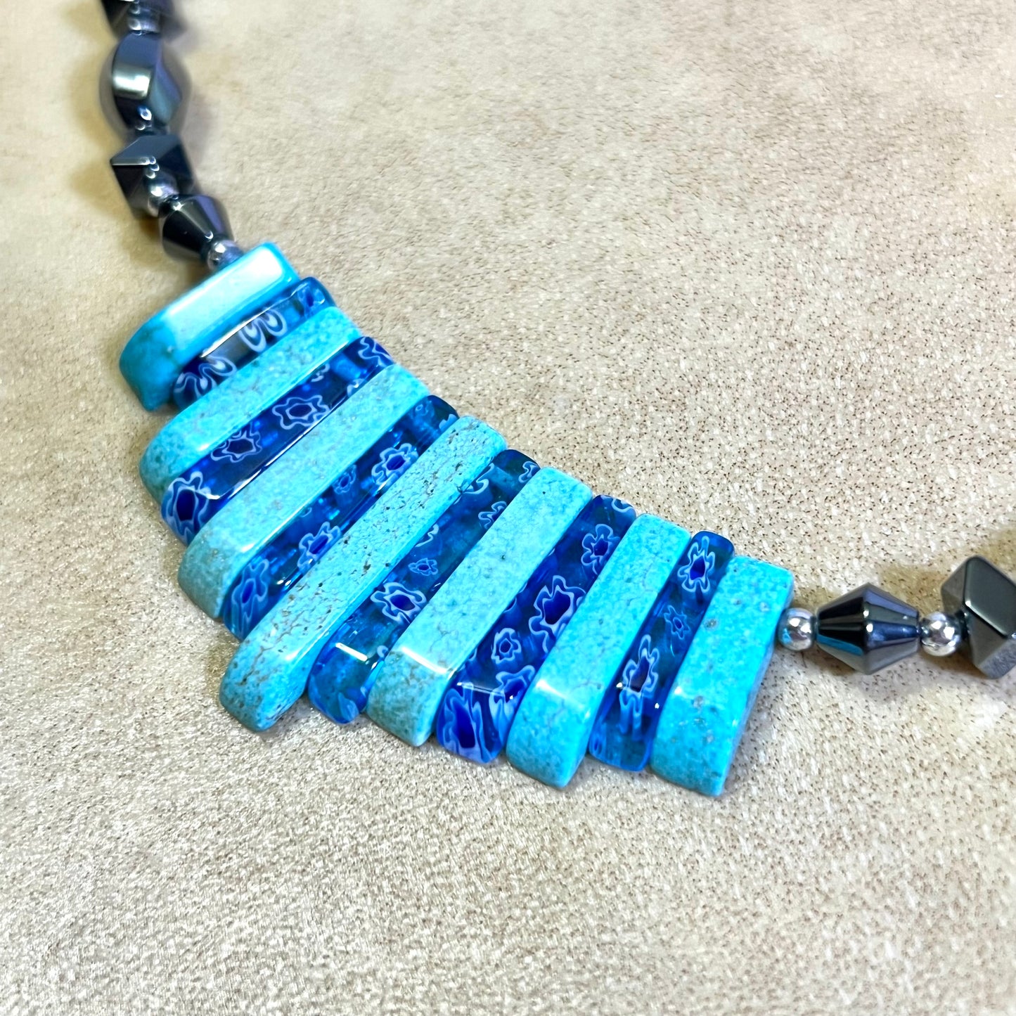 Hematite & Faux Turquoise Fan Beaded Necklace