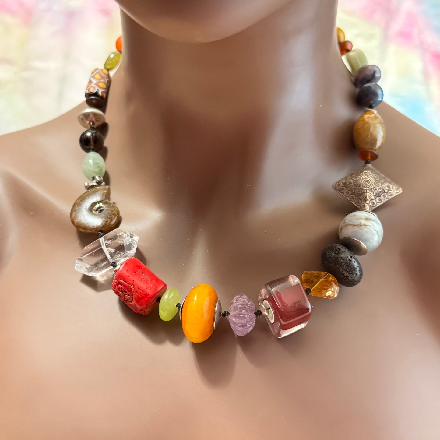 Colorful Mixed Gemstone Crystal Necklace in Sterling Silver