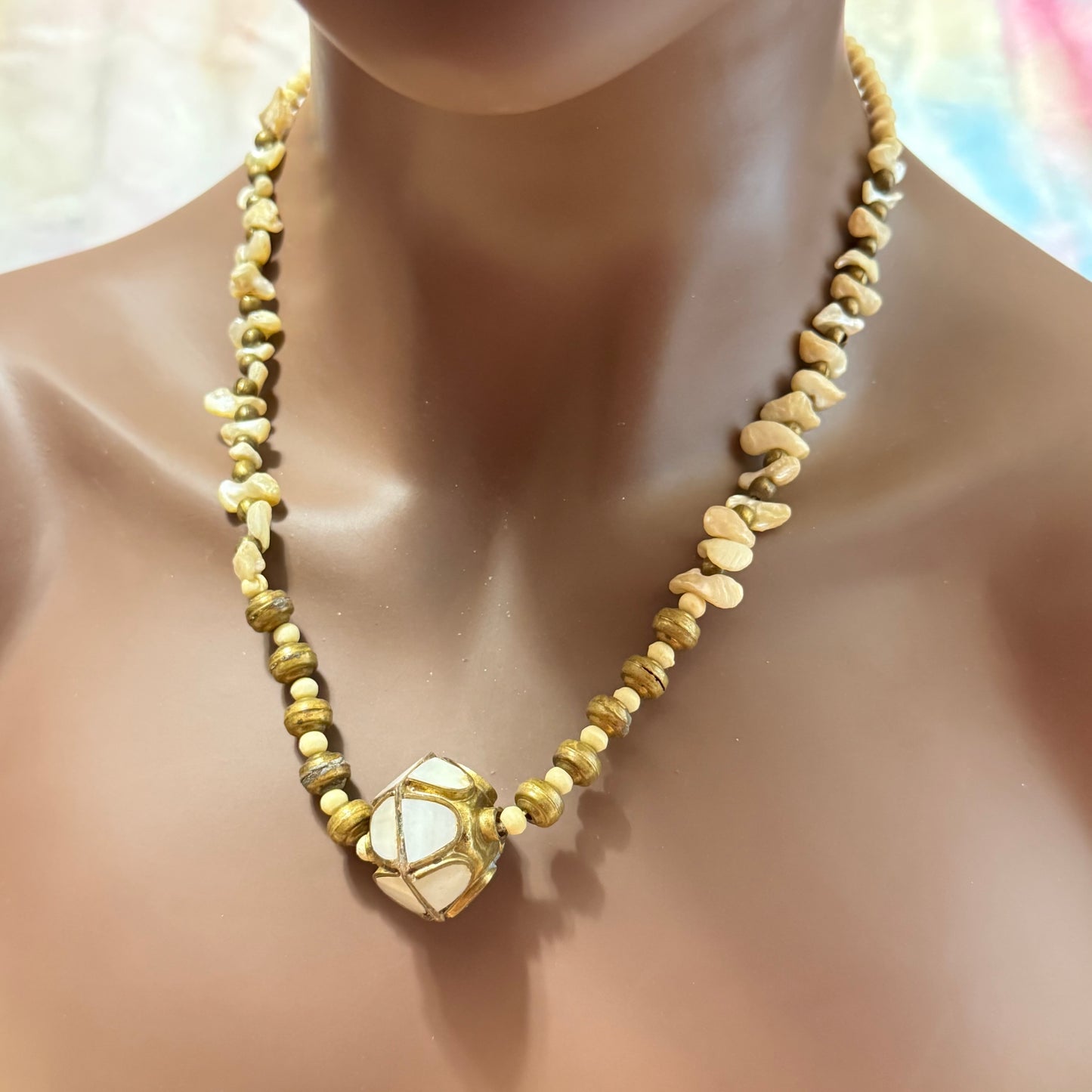 Mother of Pearl, Bone, & Brass Vintage Beaded Choker Necklace
