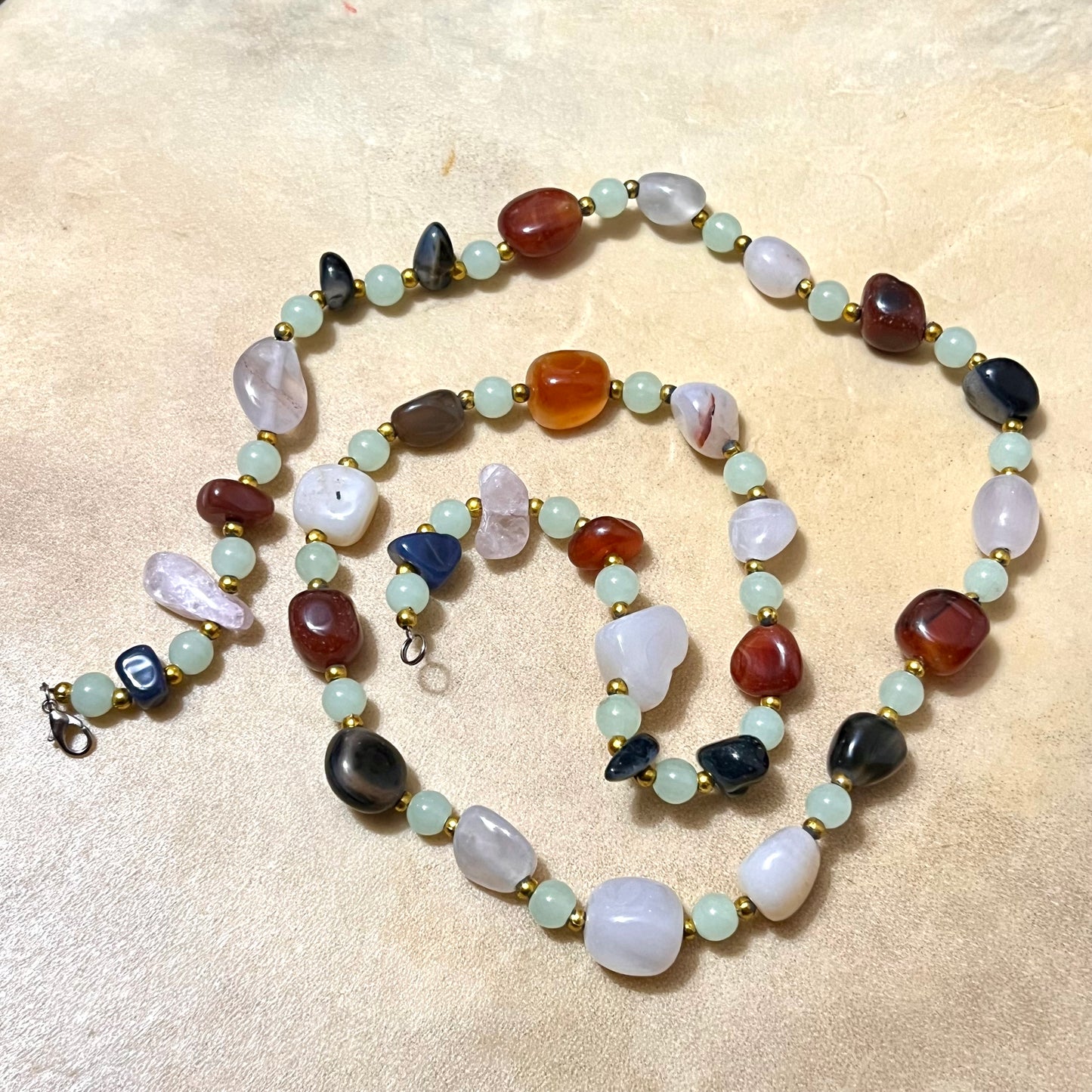 1960s Vintage Gemstone Beggars Beads with Green Glass Accents