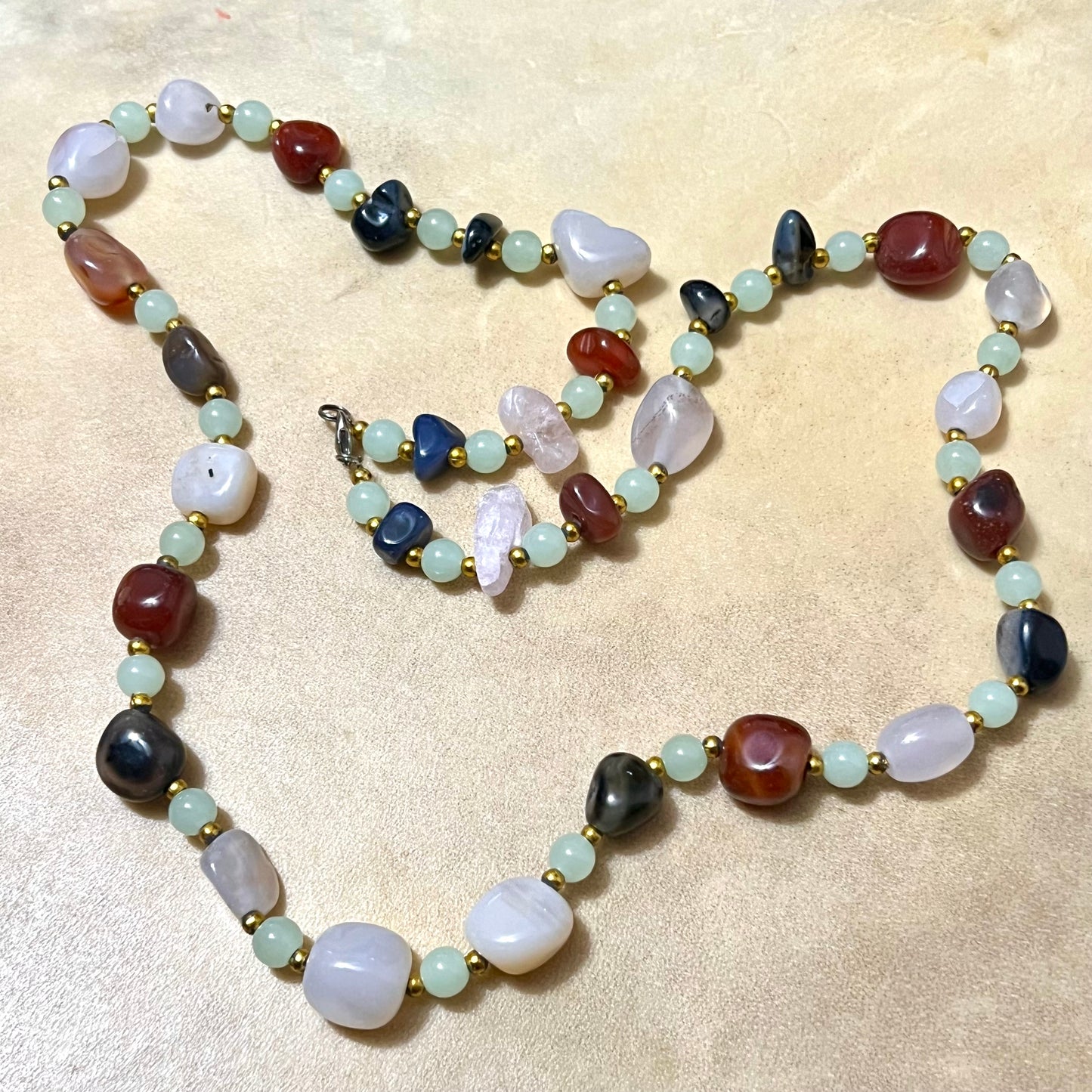 1960s Vintage Gemstone Beggars Beads with Green Glass Accents